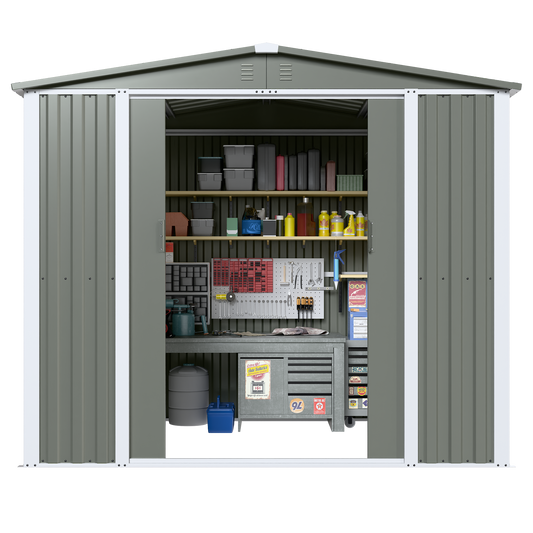 8x6 FT premium metal outdoor shed with lockable double doors, sloped roof, and built-in vents