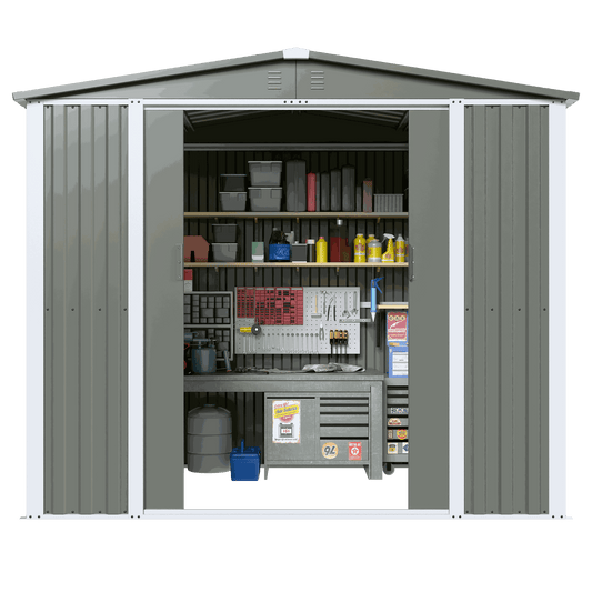 8x6 FT premium metal outdoor shed with lockable double doors, sloped roof, and ventilation vents