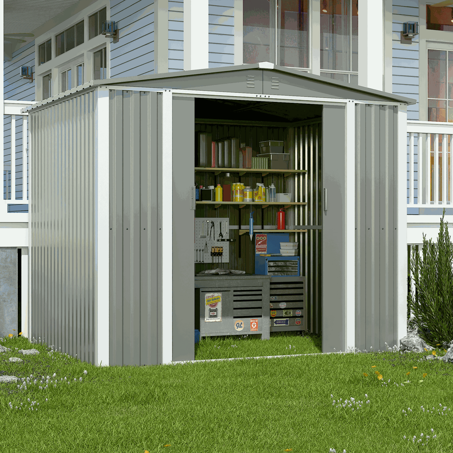 8x6 FT premium metal outdoor shed with lockable double doors and sloped roof for waterproof storage