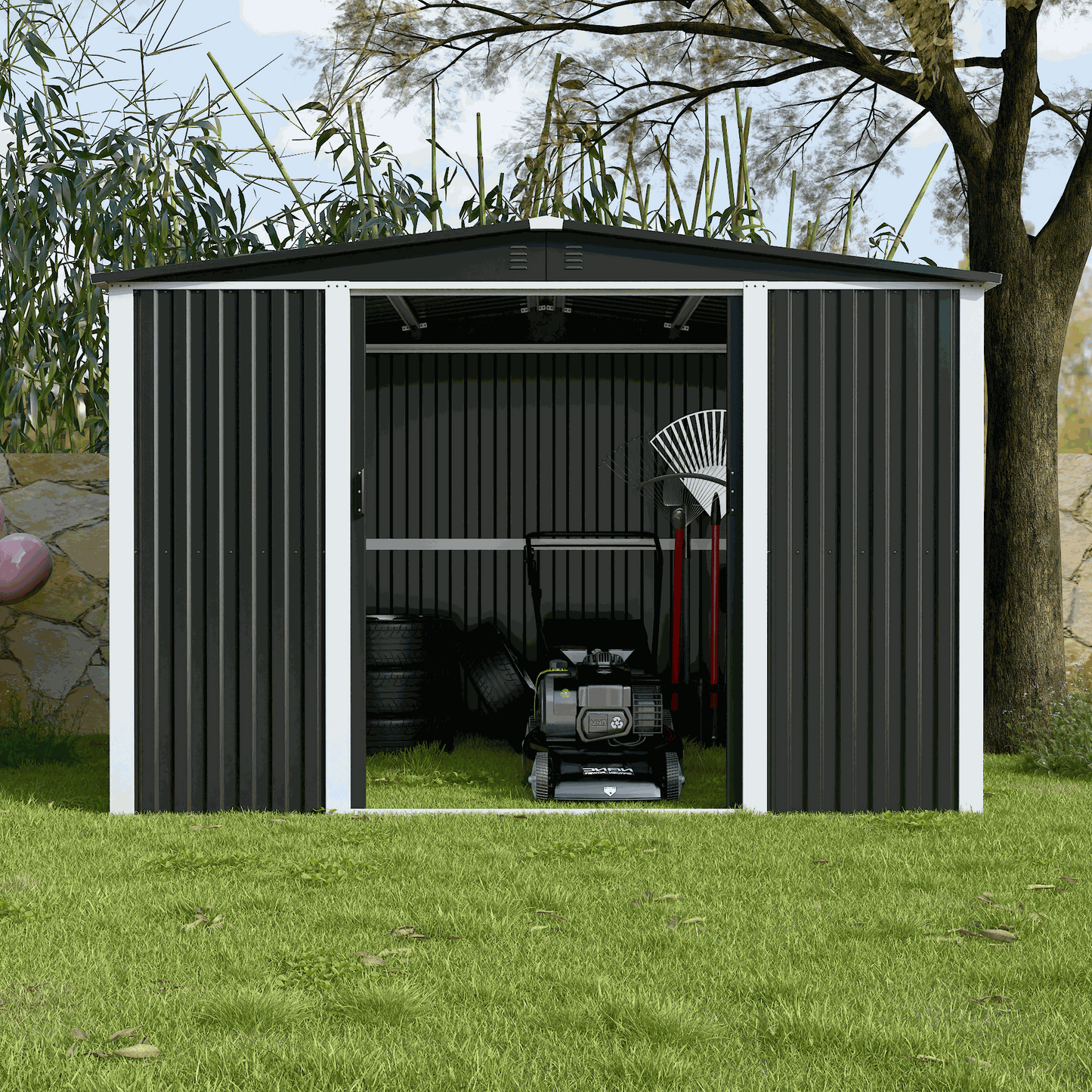 Azobay 8x10 FT premium metal storage shed with galvanized steel panels, lockable double doors, two windows, and weatherproof design