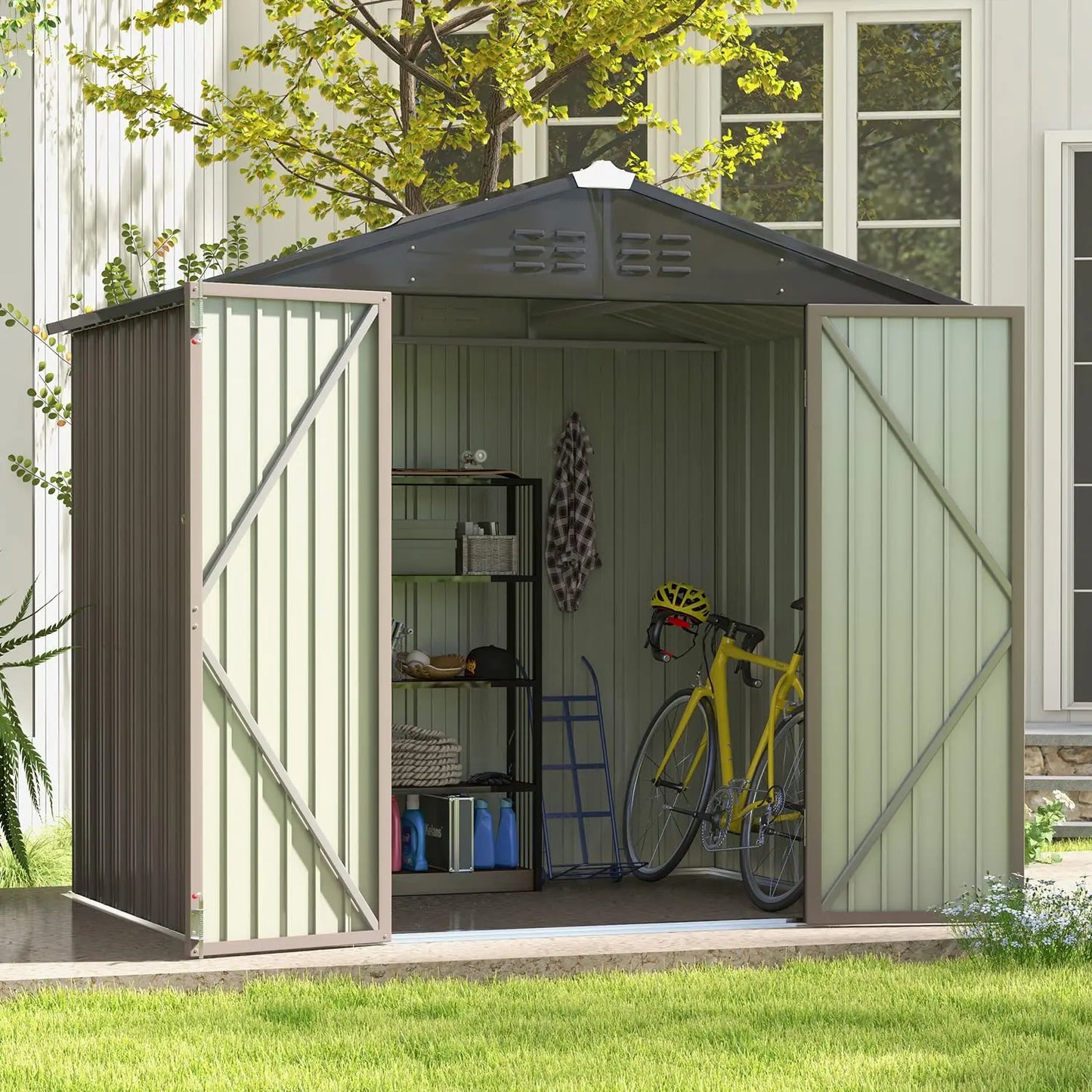 8x6 FT outdoor metal storage shed with lockable doors and air vents on a grassy lawn