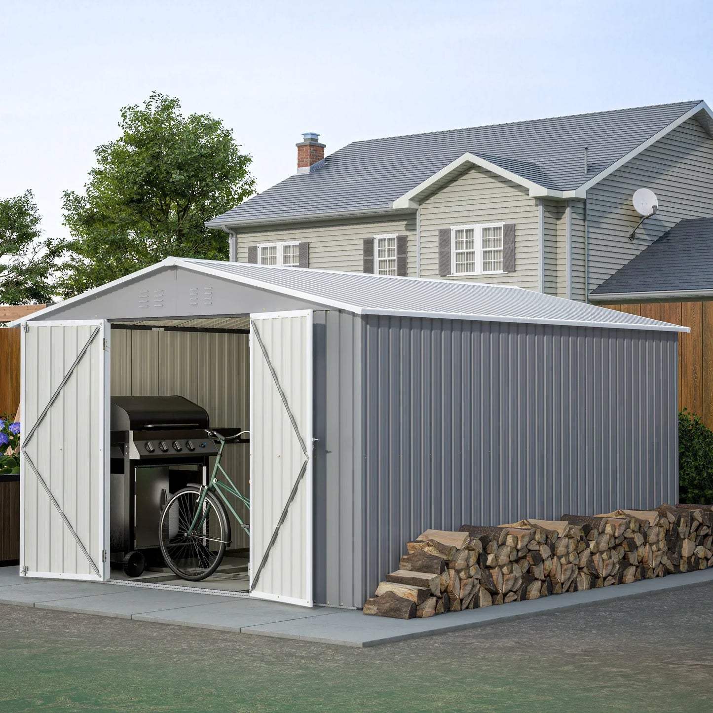 large metal garden shed with double lockable doors and sloped roof in backyard