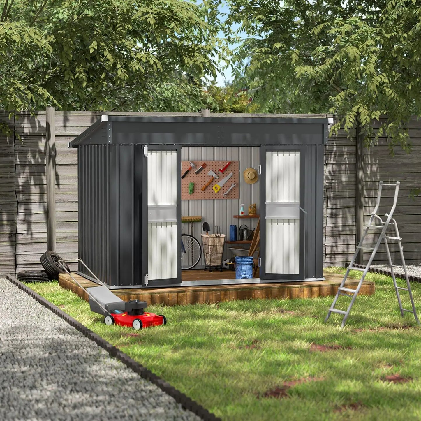 Custom outdoor metal storage shed with sloped galvanized steel roof and ventilation vents