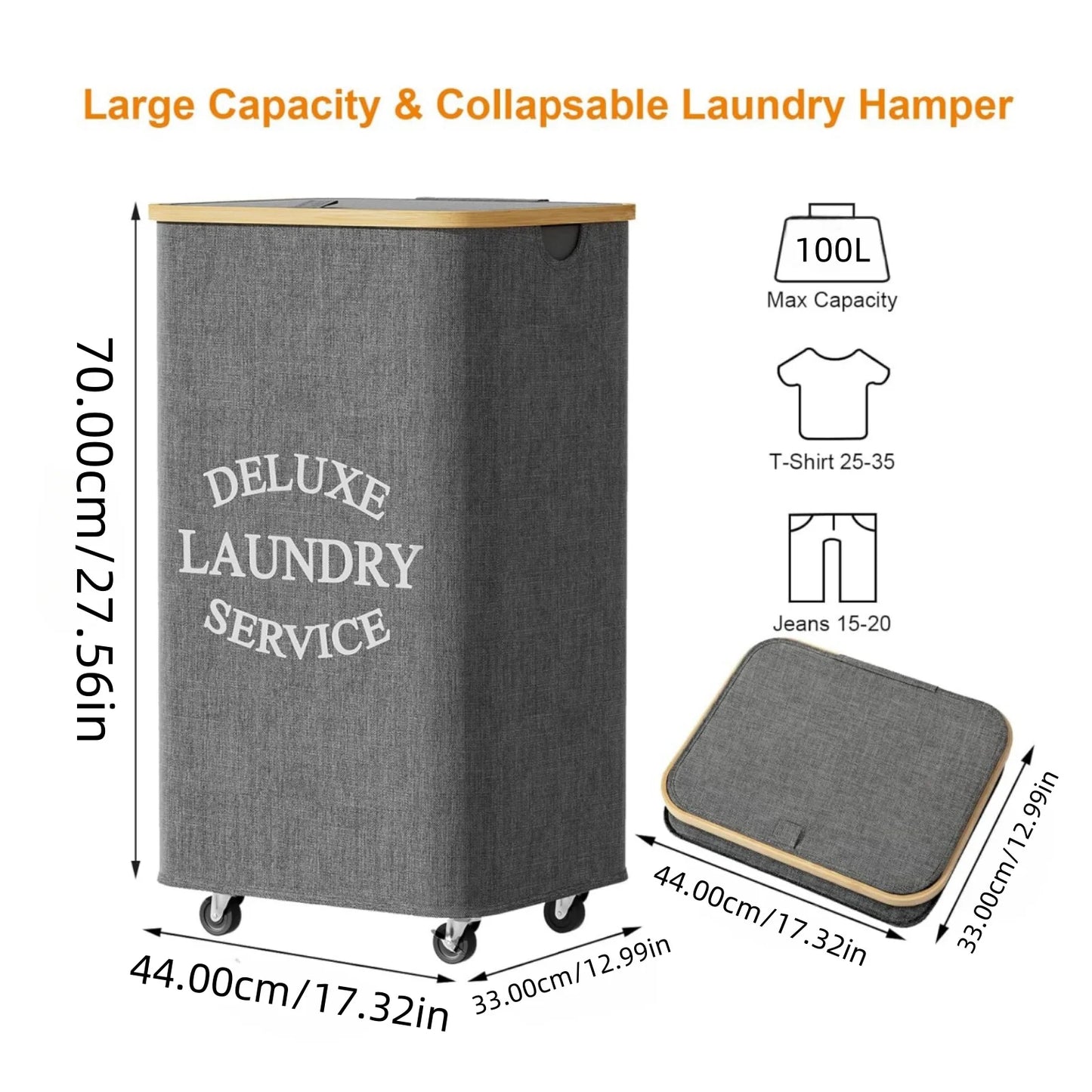 Large 100L Laundry Basket with Lid And Bamboo Handle - Folding with Removable Bag Modern Style Oxford Fabric Laundry Hamper