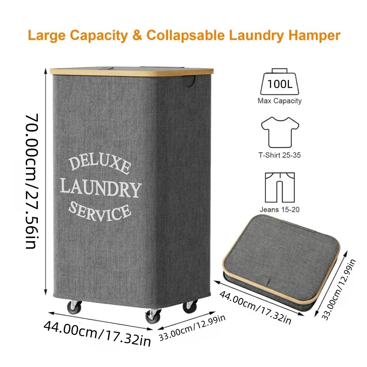 Large 100L laundry basket with lid, bamboo handles, wheels, and foldable Oxford fabric design