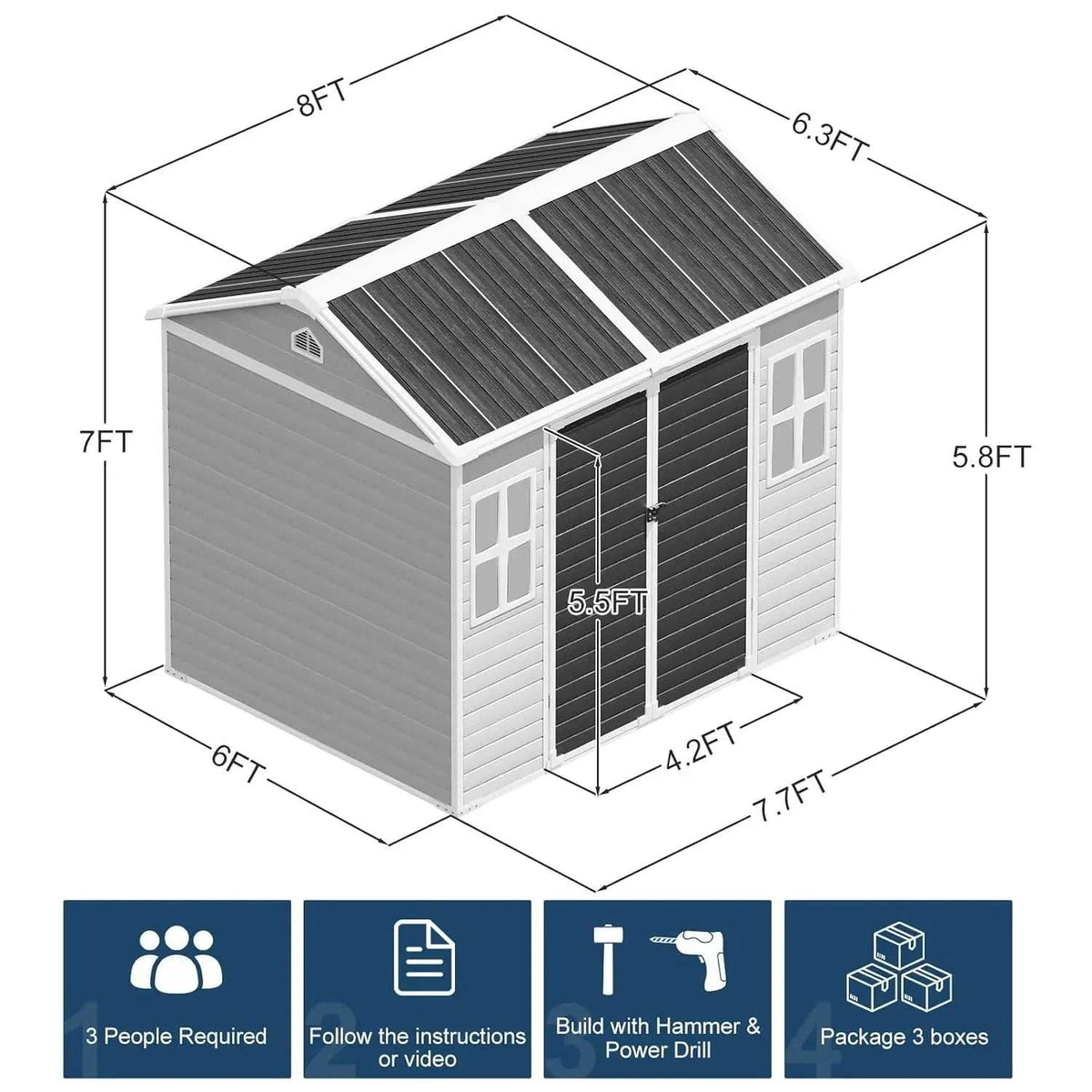 8x6 ft waterproof resin storage shed with floor, windows, and reinforced metal frame in wood-grain finish