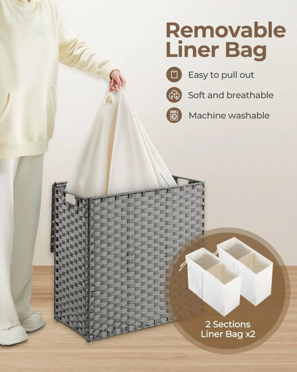 110L foldable gray wicker laundry hamper with 2 removable liners and dual compartments, waterproof and no assembly needed
