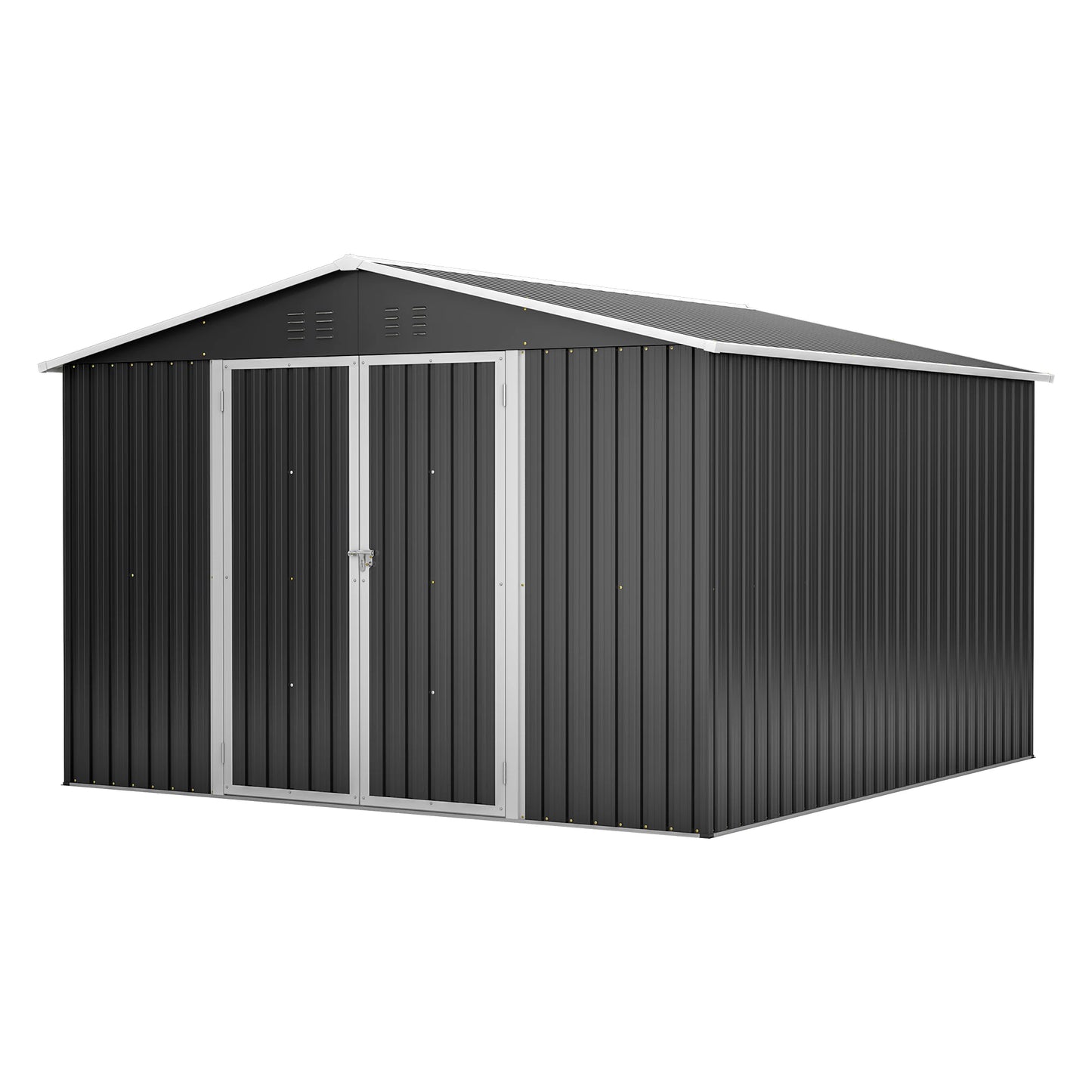 LZBEITEM 10x10 FT Outdoor Storage Shed Black Metal Utility Tool Storage Building with Lockable Doors And Updated Frame Structure