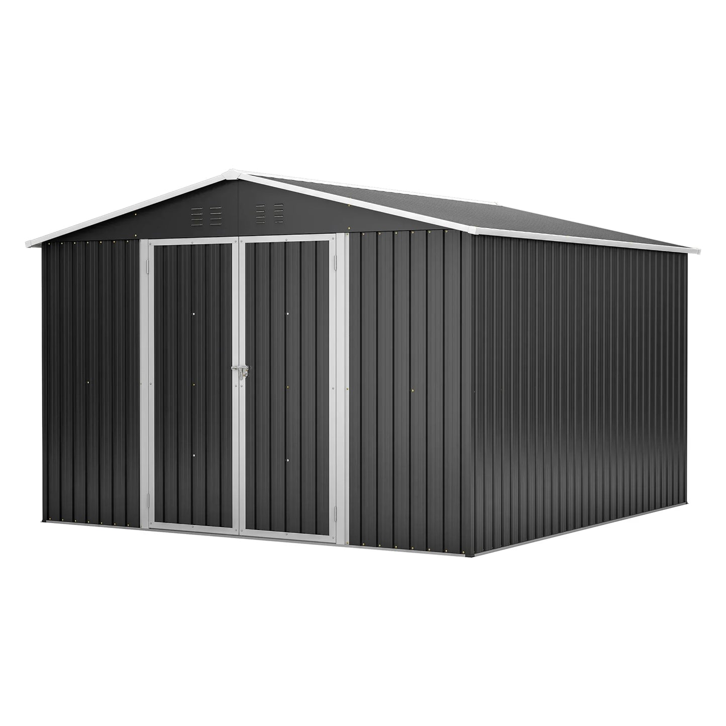 Black 10x10 ft LZBEITEM galvanized steel outdoor storage shed with lockable double doors and sloped gable roof