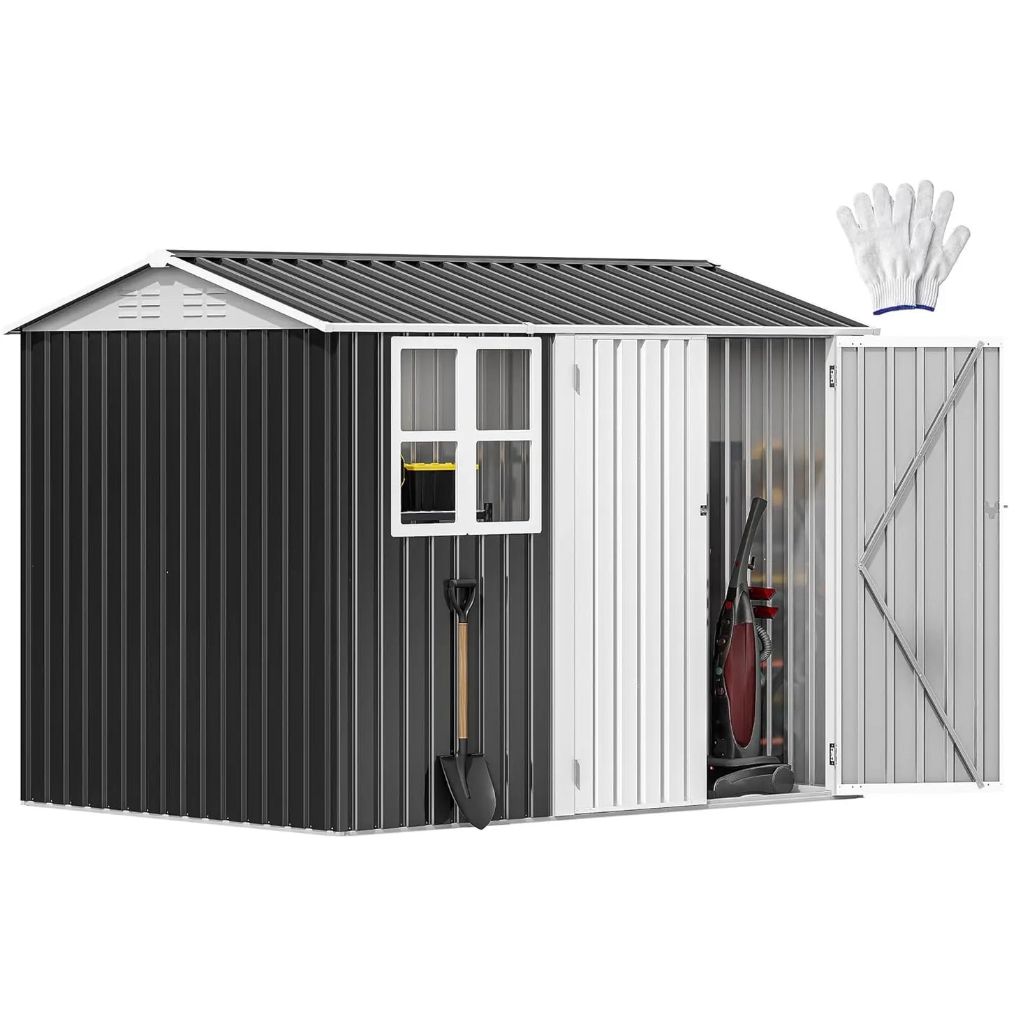 8x6 FT heavy-duty outdoor metal storage shed with lockable double sliding doors and ventilation vents for garden tools and equipment storage