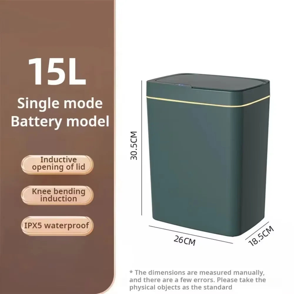 Smart induction garbage can with touchless sensor lid and 15L capacity in sleek white design