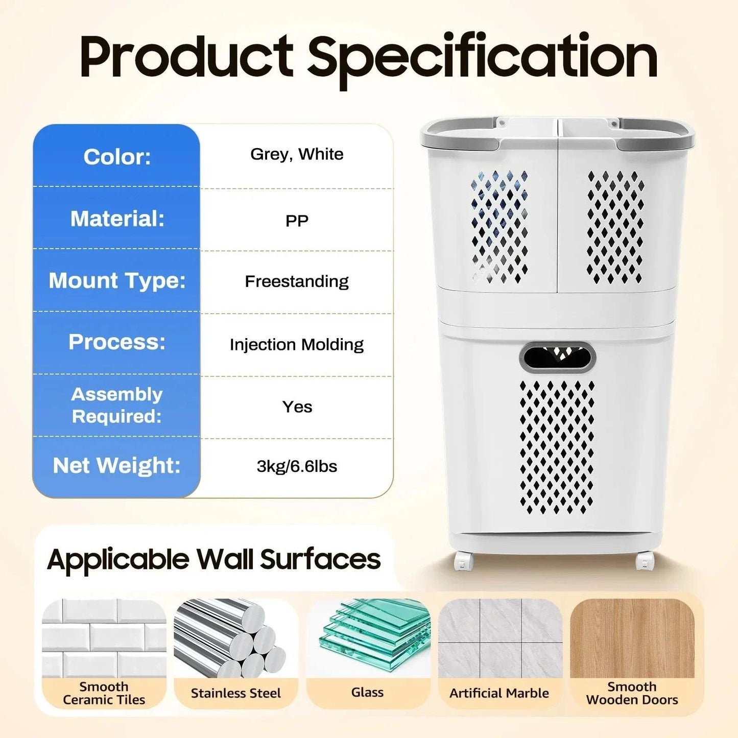 Multi-layer laundry basket on wheels with three breathable PP hampers and removable wall-mounted small baskets in grey white modern style