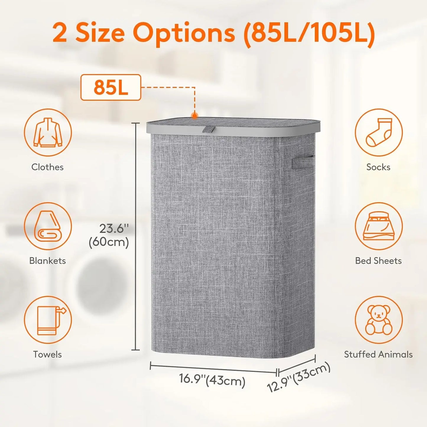 85L large capacity laundry hamper with handles, Oxford fabric inner bag, and plastic frame for organized dirty clothes storage