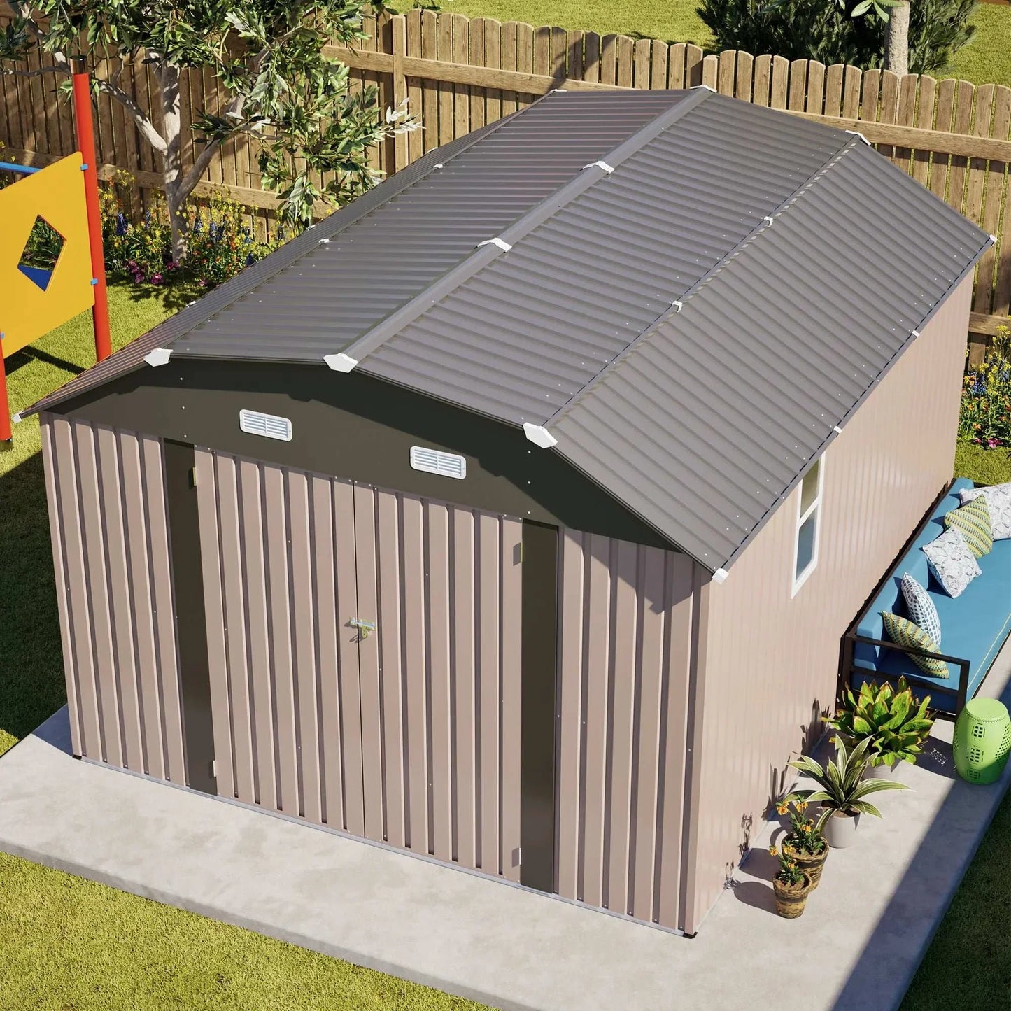 Heavy duty metal outdoor storage shed with lockable doors and floor frame for garden tool storage