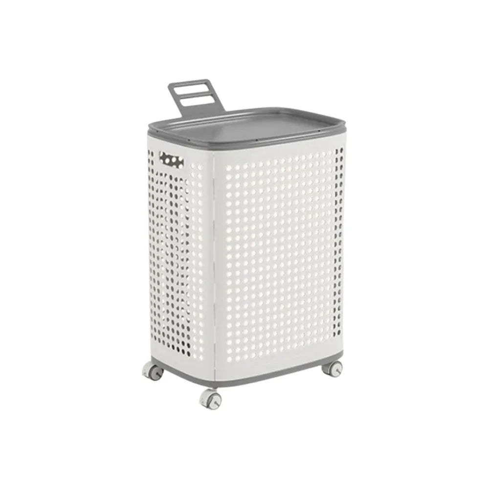 Large capacity folding grey white plastic laundry basket with wheels and dust-proof cover