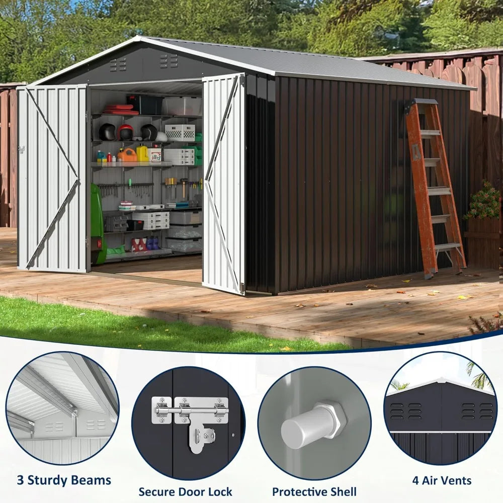 10x10 FT outdoor metal storage shed with lockable doors and reinforced frame in garden setting