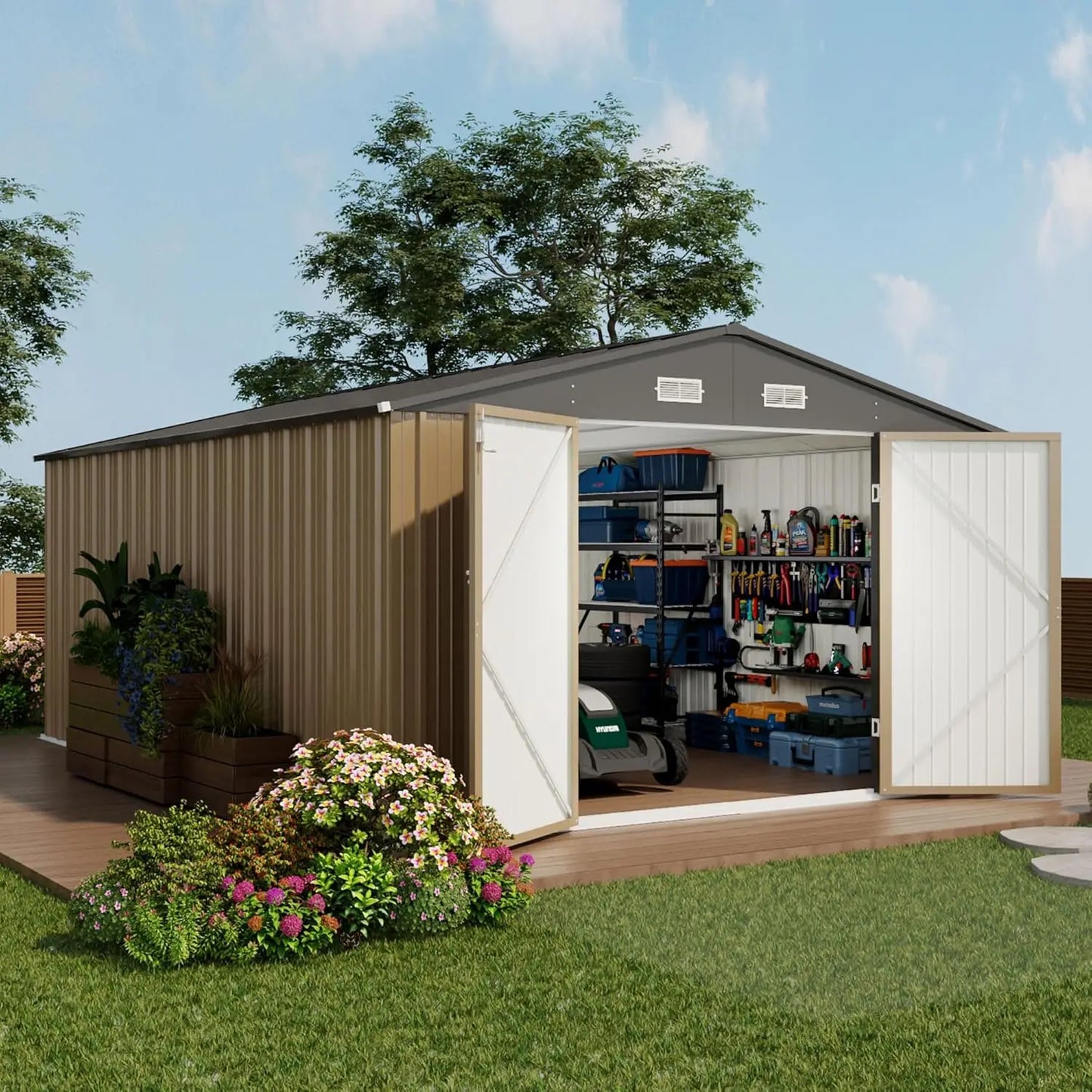 10x14 FT large outdoor metal storage shed with lockable doors and sloped roof in modern design