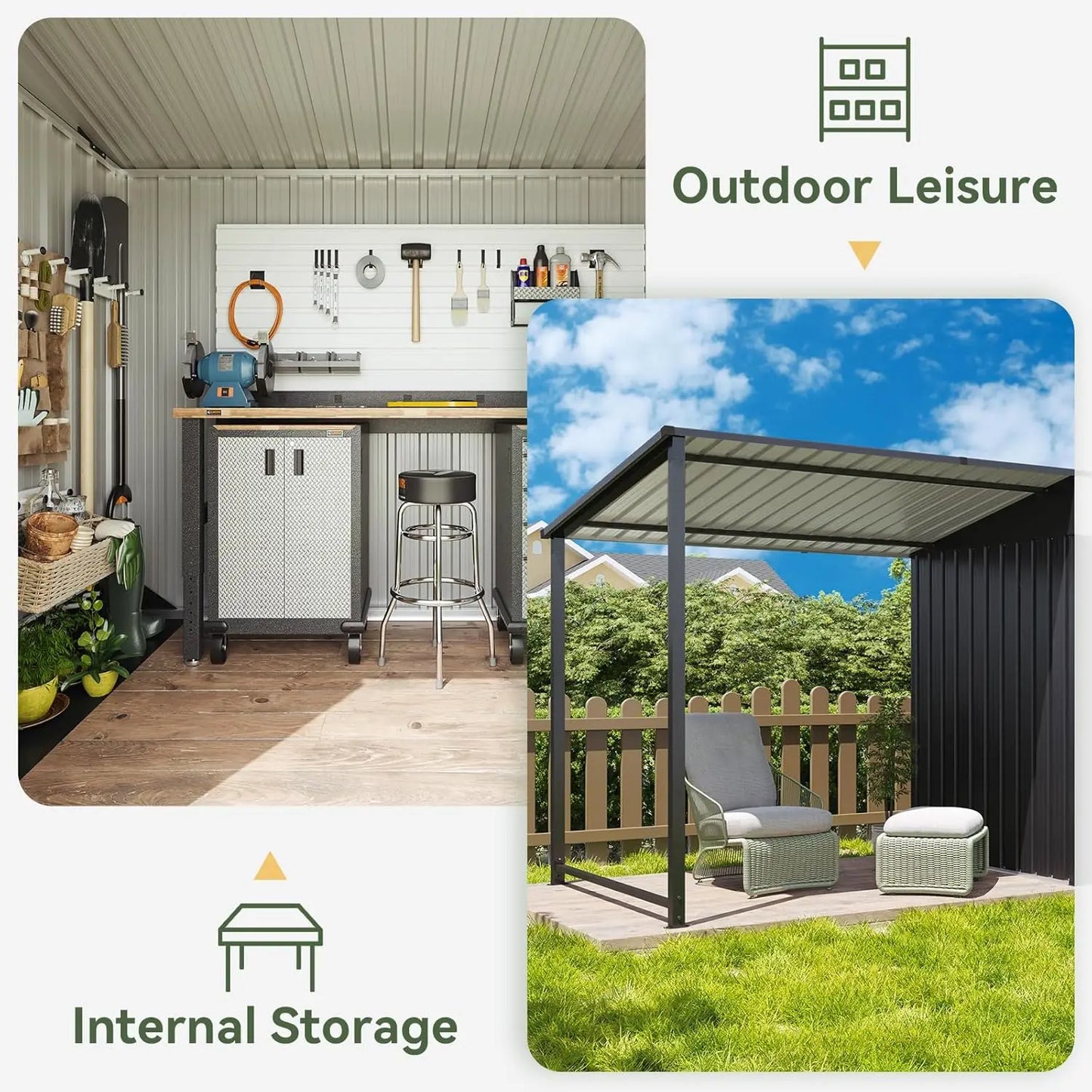 6x4 FT metal outdoor storage shed and hardtop gazebo combo with magnetic sensor lights and lean-to shed