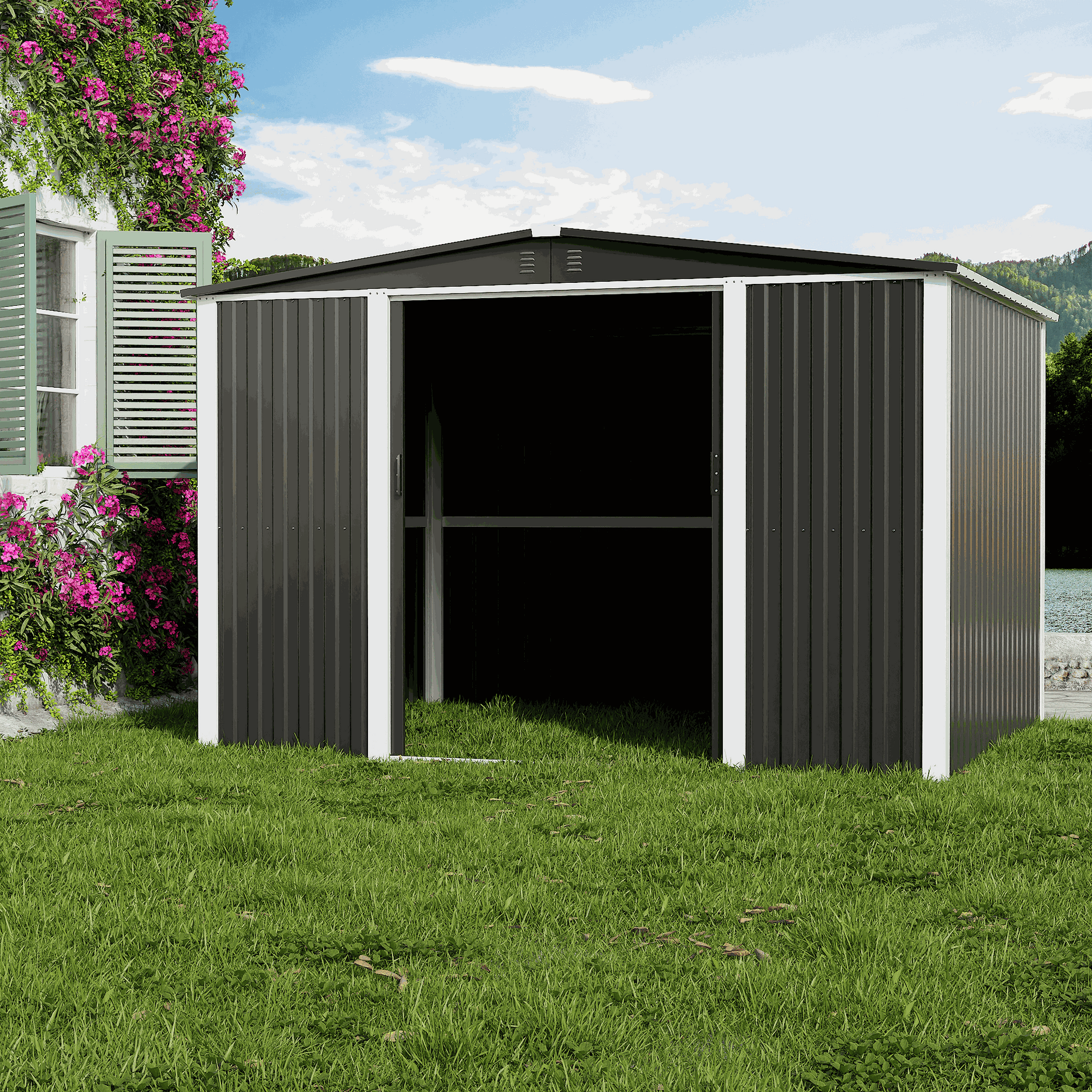Azobay 8x10 FT premium metal storage shed with galvanized steel, lockable double doors, windows, and ventilation system in dark grey