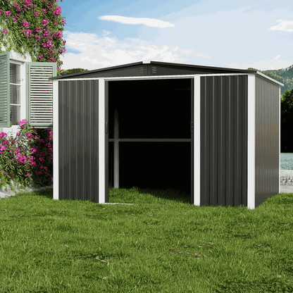 Azobay 8x10 FT premium metal storage shed with galvanized steel, lockable double doors, windows, and ventilation system in dark grey