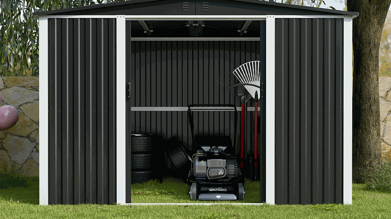 Azobay 8x10 FT premium metal storage shed with galvanized steel panels, lockable double doors, ventilation, and weatherproof design