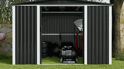 Azobay 8x10 FT premium metal storage shed with galvanized steel panels, lockable double doors, ventilation, and weatherproof design