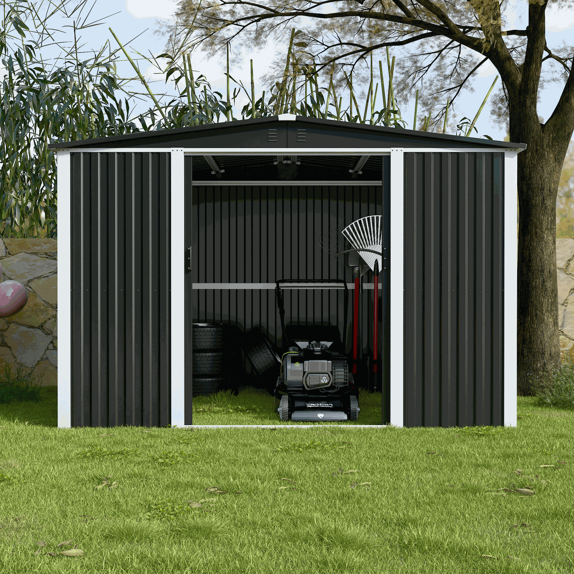 Azobay 8x10 FT premium metal storage shed with galvanized steel panels, lockable double doors, two windows, and weatherproof design