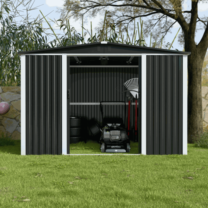 Azobay 8x10 FT premium metal storage shed with galvanized steel panels, lockable double doors, two windows, and weatherproof design