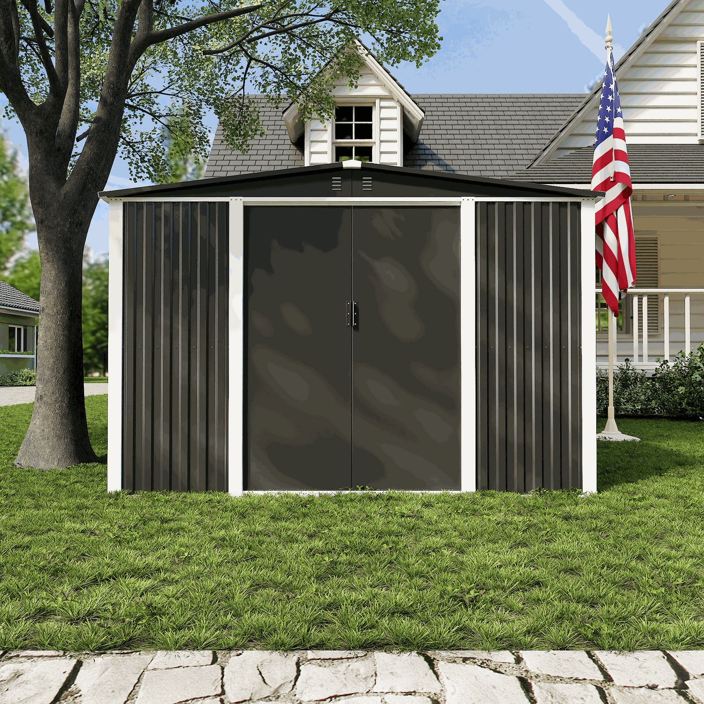 Azobay 8x10 FT metal storage shed with galvanized steel, lockable double doors, windows, and ventilation in dark grey