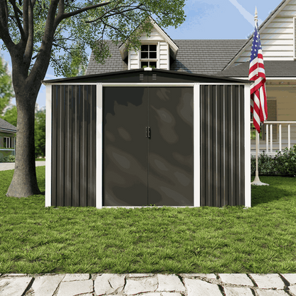 Azobay 8x10 FT metal storage shed with galvanized steel, lockable double doors, windows, and ventilation in dark grey
