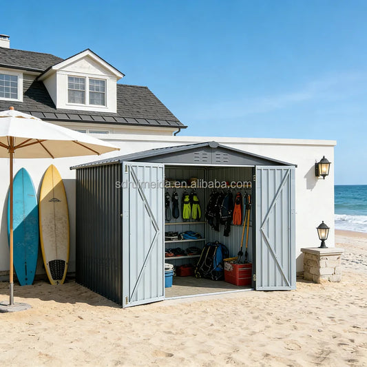 Grey outdoor metal storage shed with galvanized steel double doors in backyard setting