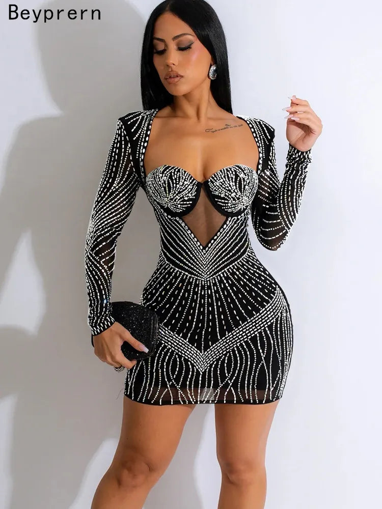 Beyprern Beautiful Black Rhinestone Padded Mini Dress - Azobay