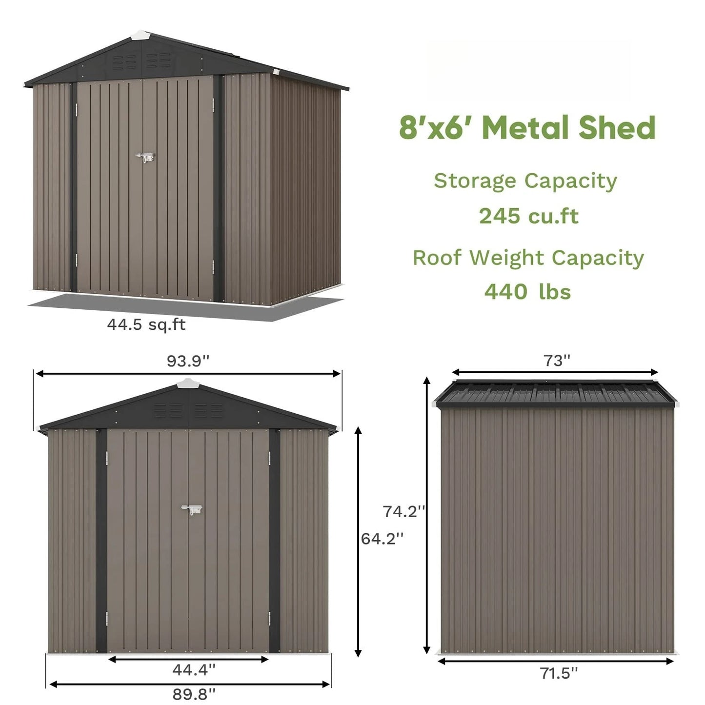 8x6 FT Outdoor Metal Storage Shed with Lockable Doors & Air Vents