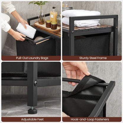 VASAGLE Laundry Hamper with metal frame, 2 removable bags, and a ventilated shelf in ink black and rustic brown