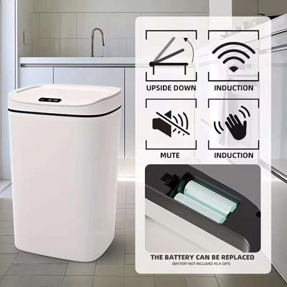 Smart motion sensor trash can with touchless lid and slim plastic design for hygienic waste disposal in home and office