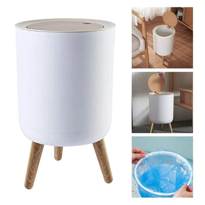 7L round wood grain plastic trash can with legs and pressing lid for bathroom or living room