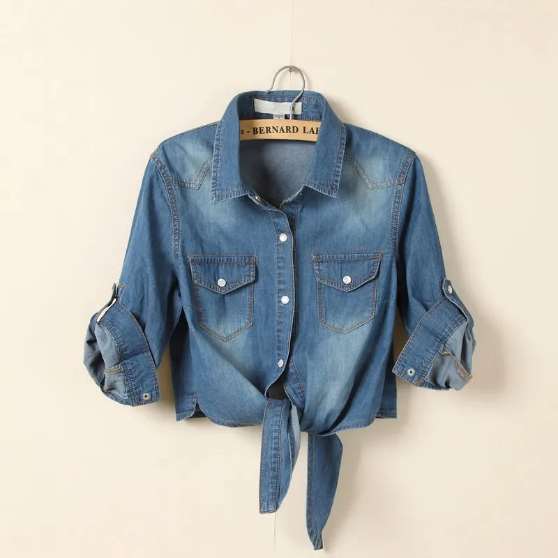 Denim Shirt Short Sleeve Womens Tops - Azobay