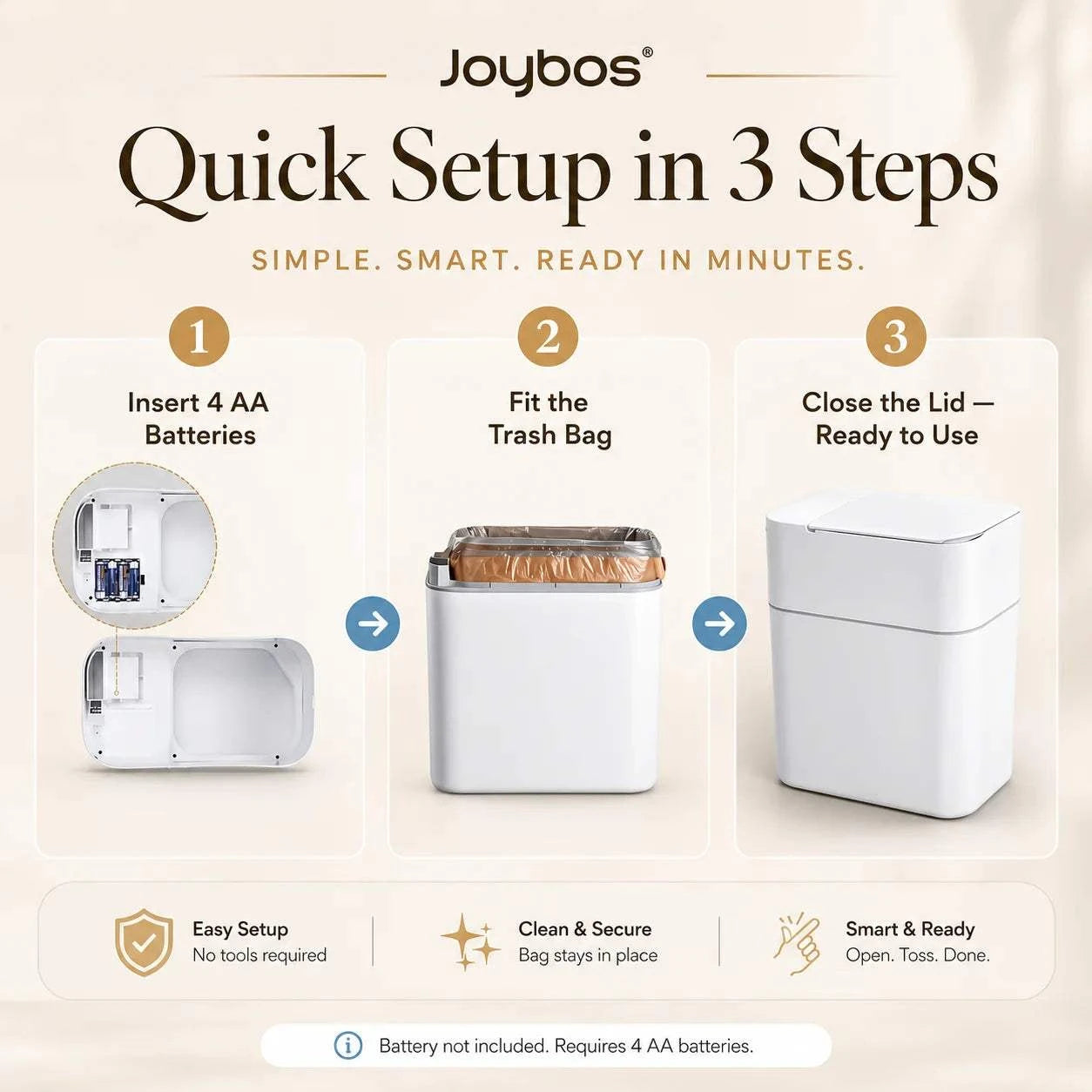 JOYBOS touchless trash can with motion sensor and compact rectangular design for hands-free waste disposal
