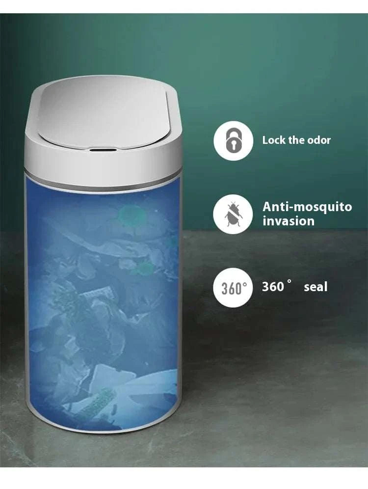 7L automatic touchless bathroom trash can with motion sensor and waterproof lid in rectangular plastic design