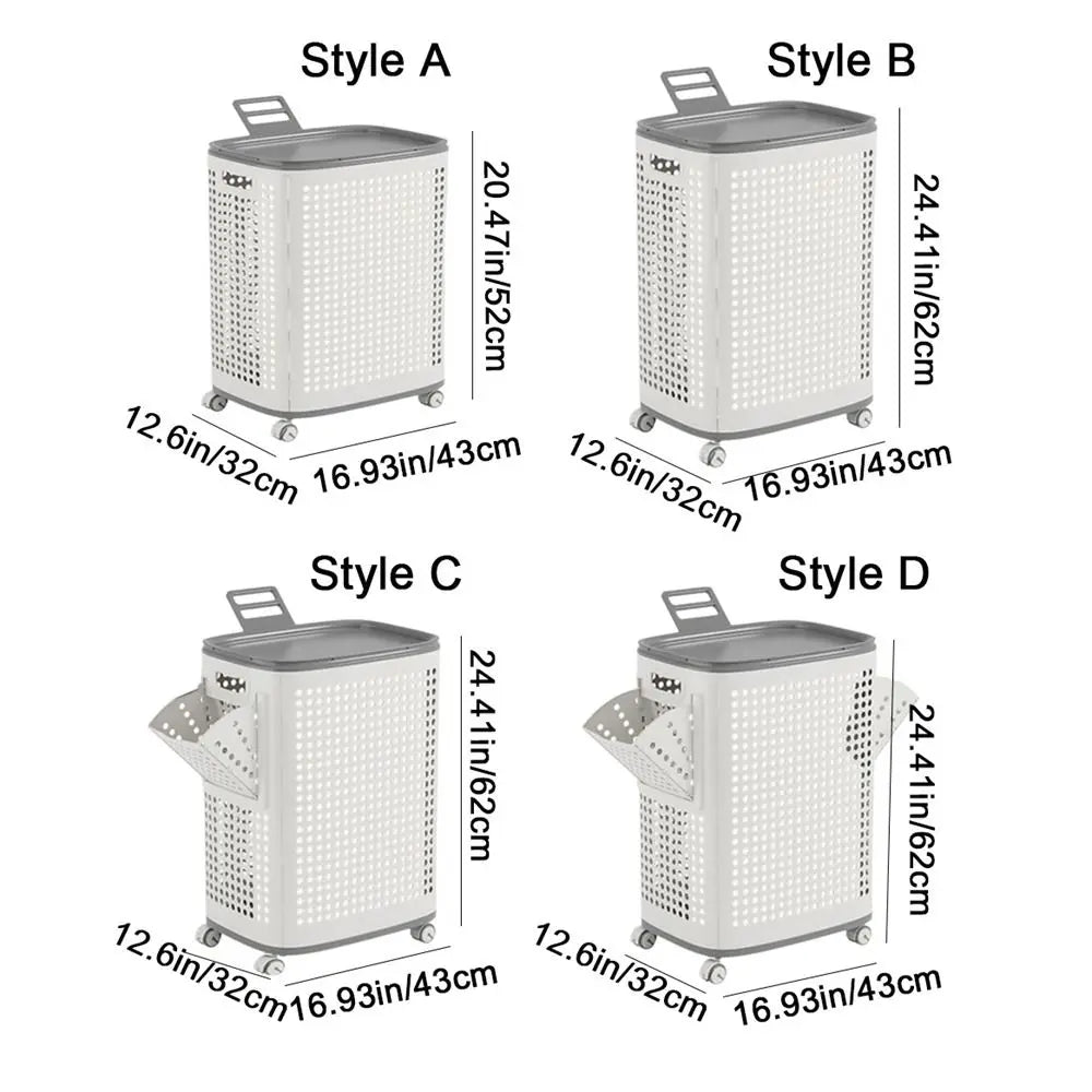 Large capacity folding plastic laundry basket with wheels and dust-proof cover