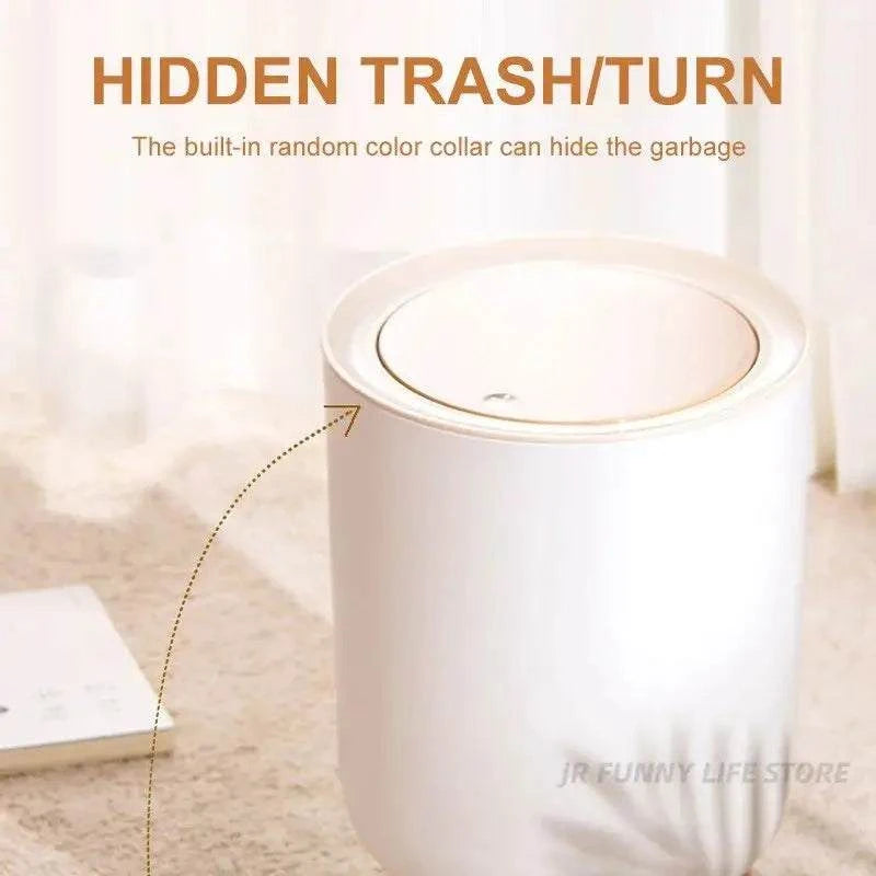 7L round wood grain plastic trash can with wooden legs and press lid for bathroom and living room