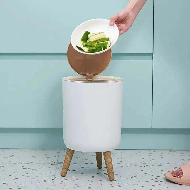 7L round wood grain plastic trash can with press lid and legs for bathroom and living room use