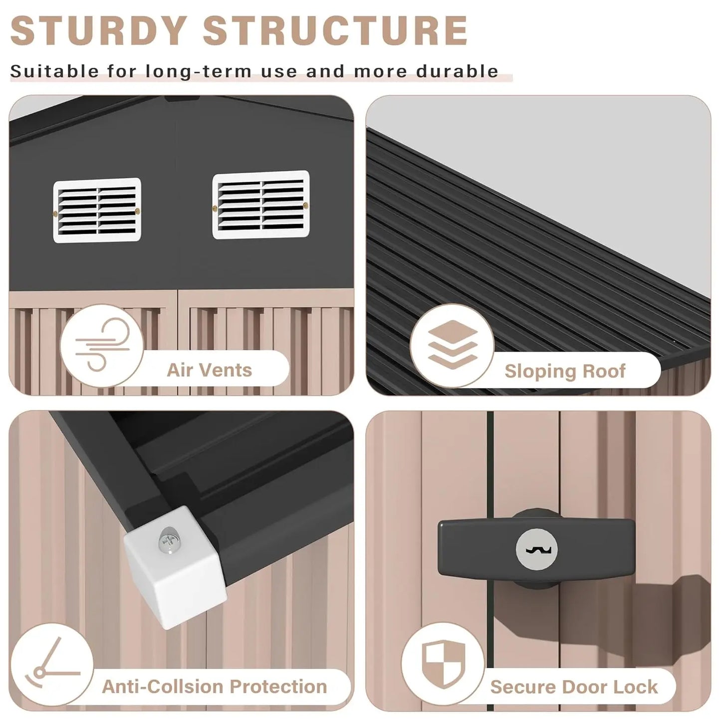 Outdoor metal storage shed kit with lockable door and air vents