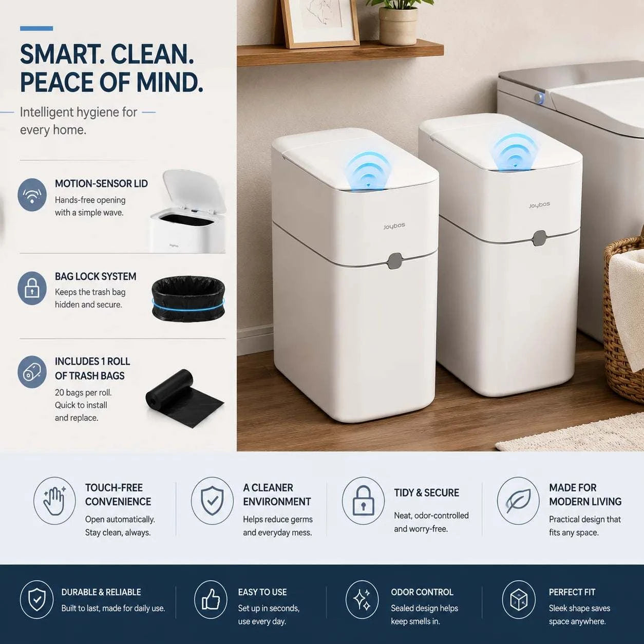 JOYBOS touchless trash can with motion sensor and auto bag-suction system in compact rectangular design