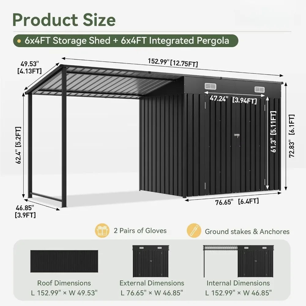 6x4 FT Outdoor Storage Shed & Hardtop Gazebo Combo with Magnetic Sensor Lights and Metal Lean-To Shed