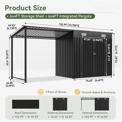6x4 FT Outdoor Storage Shed & Hardtop Gazebo Combo with Magnetic Sensor Lights and Metal Lean-To Shed