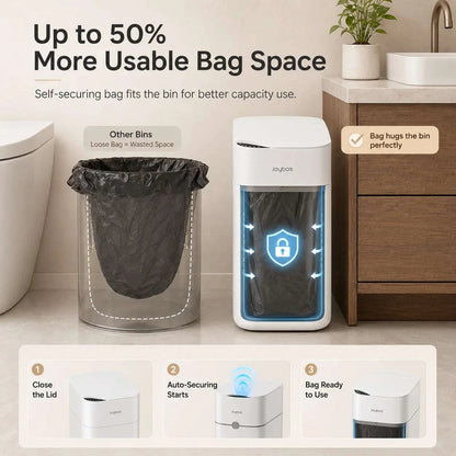 JOYBOS touchless trash can with motion sensor and auto bag-suction system in compact rectangular design