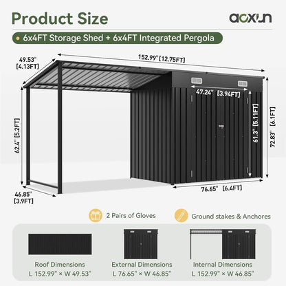 6x4 FT Outdoor Storage Shed & Hardtop Gazebo Combo with Magnetic Sensor Lights and Metal Lean-To Shed