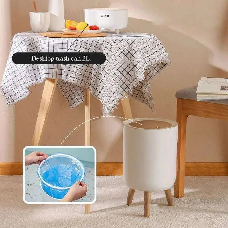 7L round wood grain plastic trash can with press lid and legs for bathroom and living room