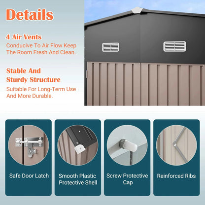 10x12 FT Heavy Duty Metal Outdoor Storage Shed  With Floor Frame Lockable Doors All Weather Garden Tool House Backyard Patio